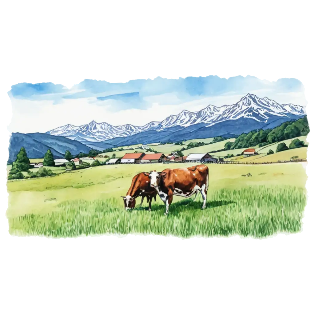 Stunning-Dairy-Farm-in-the-Meadow-with-Mountains-HighQuality-PNG-Image-for-Various-Uses