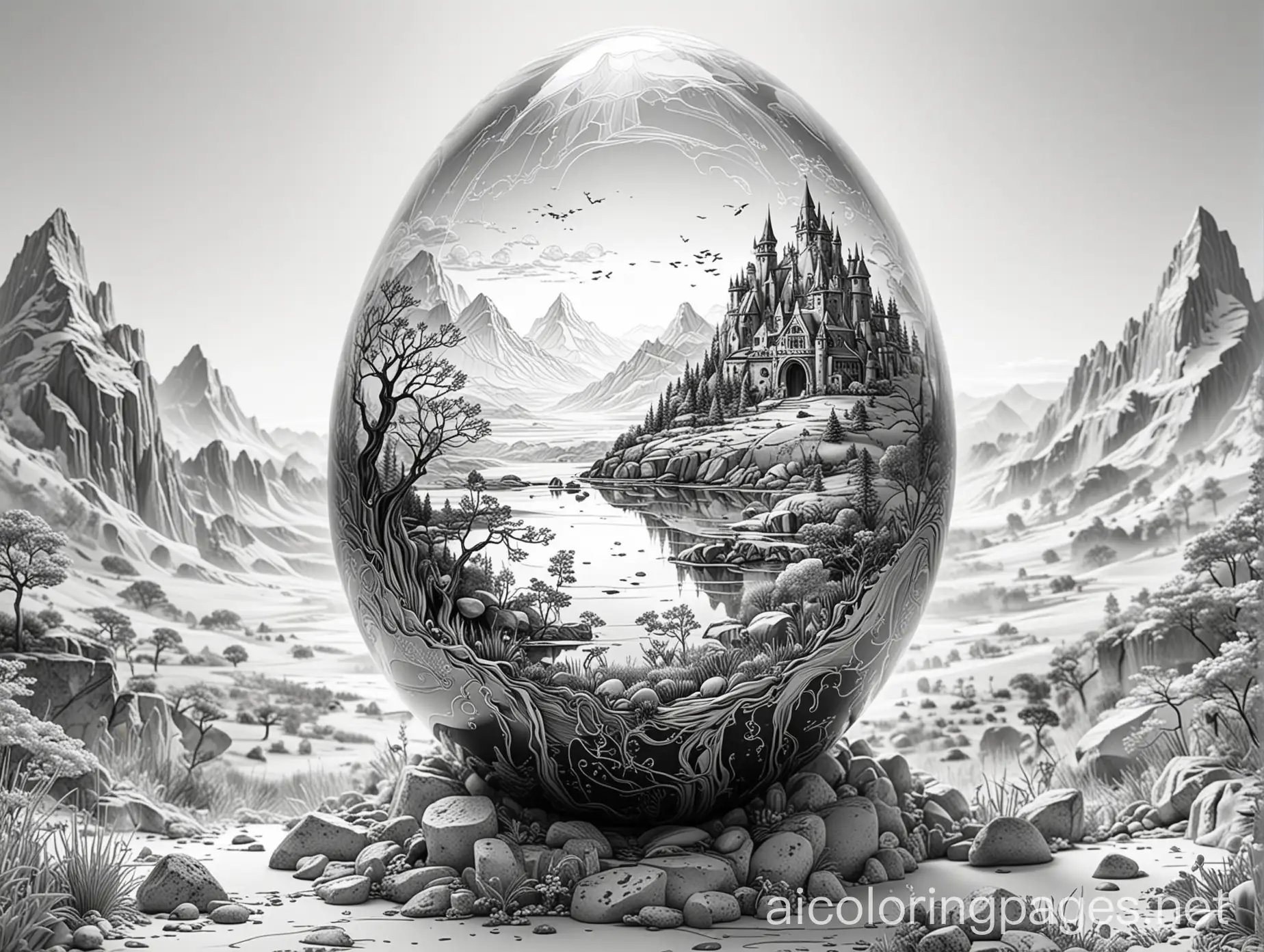 Hyperdetailed transparent fantasy egg with a stunning fantasy landscape inside, perfect composition, intense colours, glass, metallic", Coloring Page, black and white, line art, white background, Simplicity, Ample White Space. The background of the coloring page is plain white to make it easy for young children to color within the lines. The outlines of all the subjects are easy to distinguish, making it simple for kids to color without too much difficulty