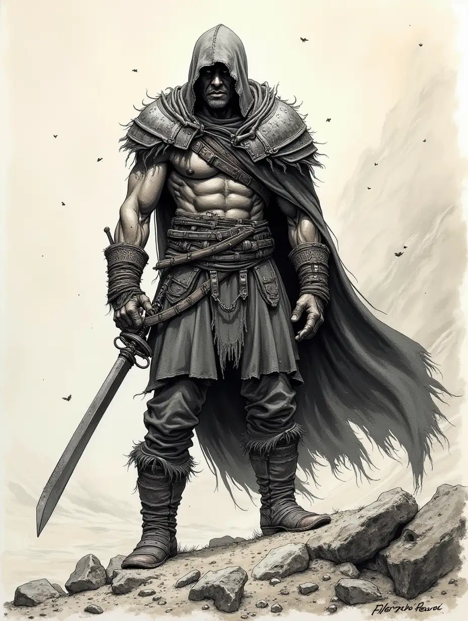 Barbarian Warrior in Detailed Ink Wash Comic Art Amidst a PostApocalyptic Landscape