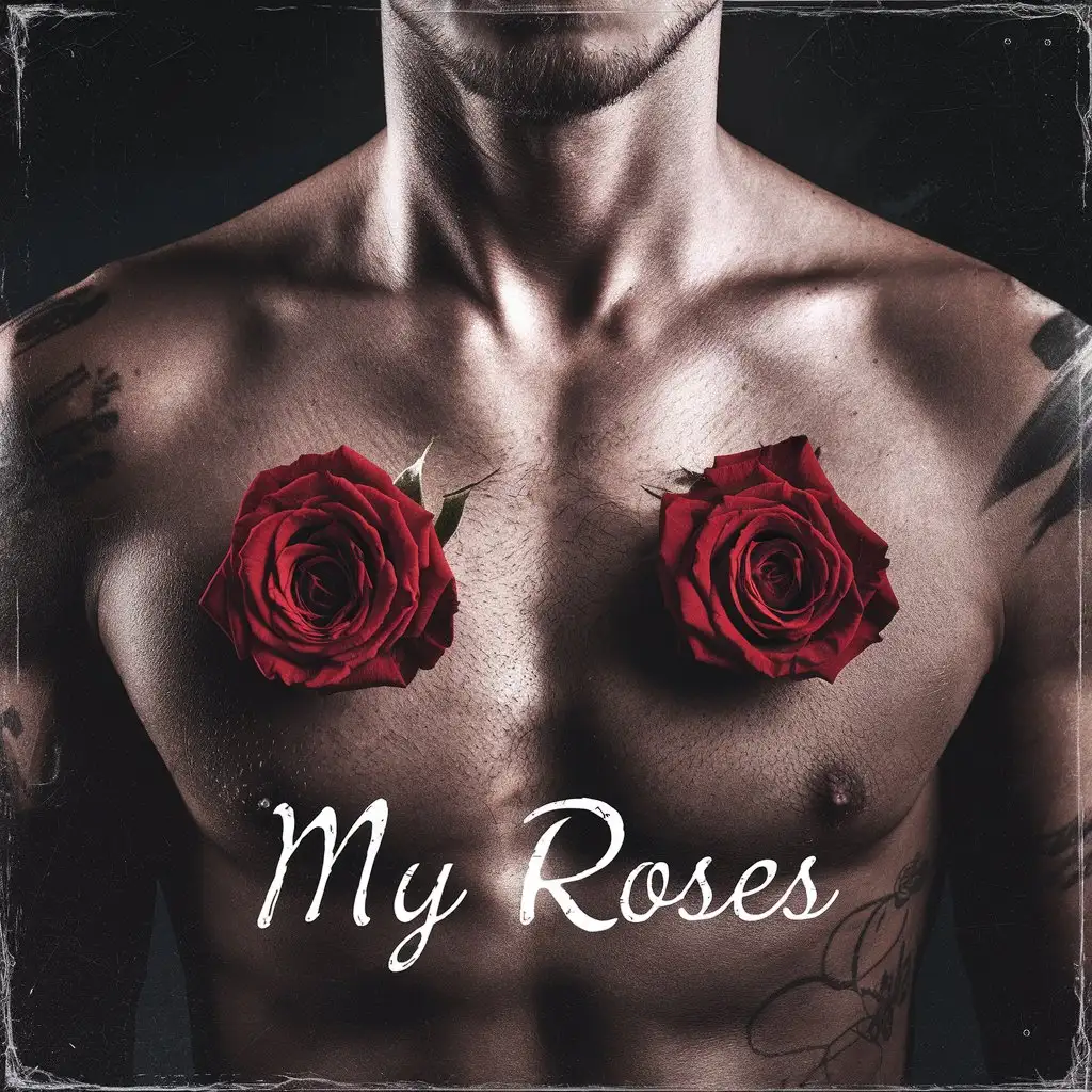 close up picture of a guy's chest , slightly masculine , with two red roses on his chest . a dark atmosphere , album cover with (My Roses) text on it