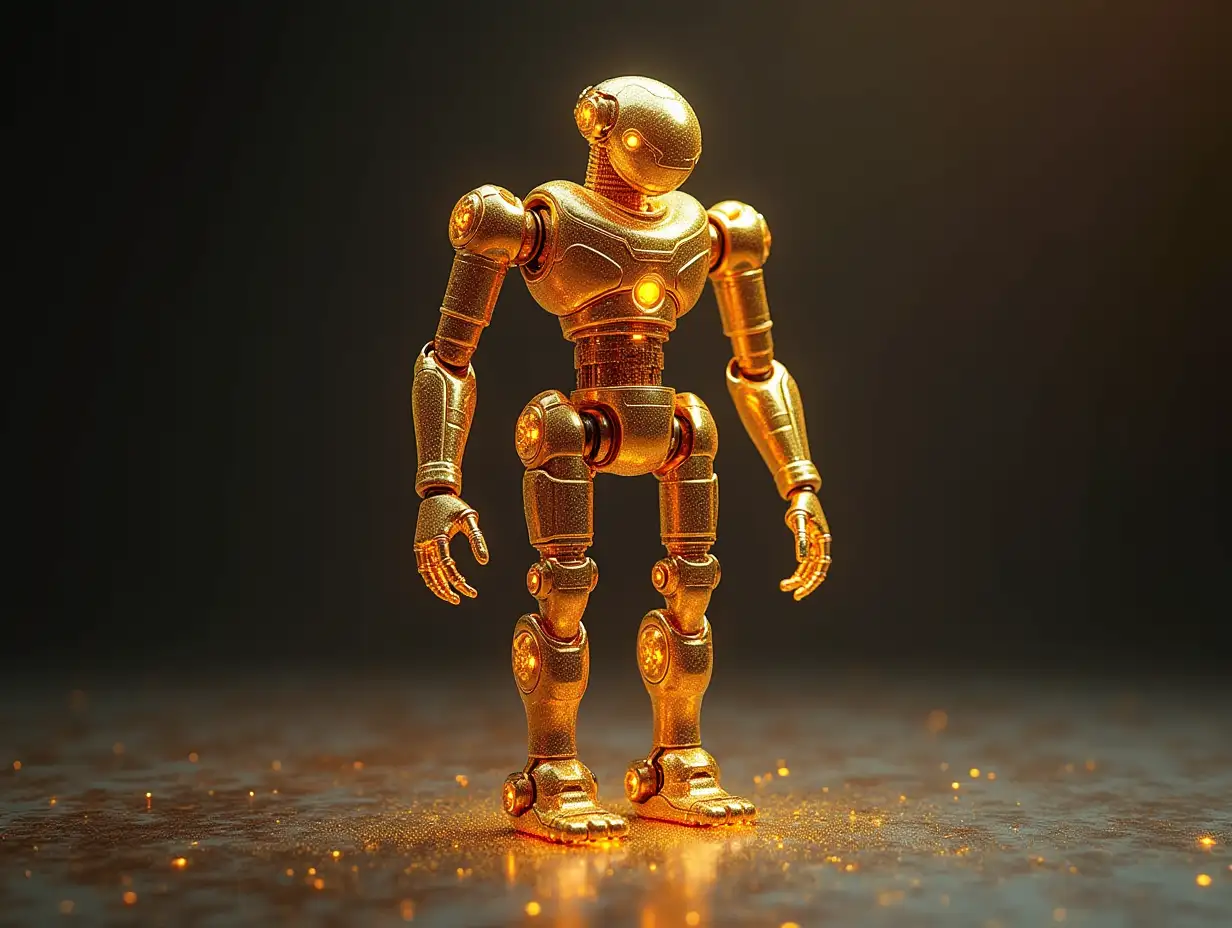 Create a high-resolution, realistic image of an artificial intelligence Fractal colored GoldFractal humanoid robot, on the photo studio floor at 4-k resolution.