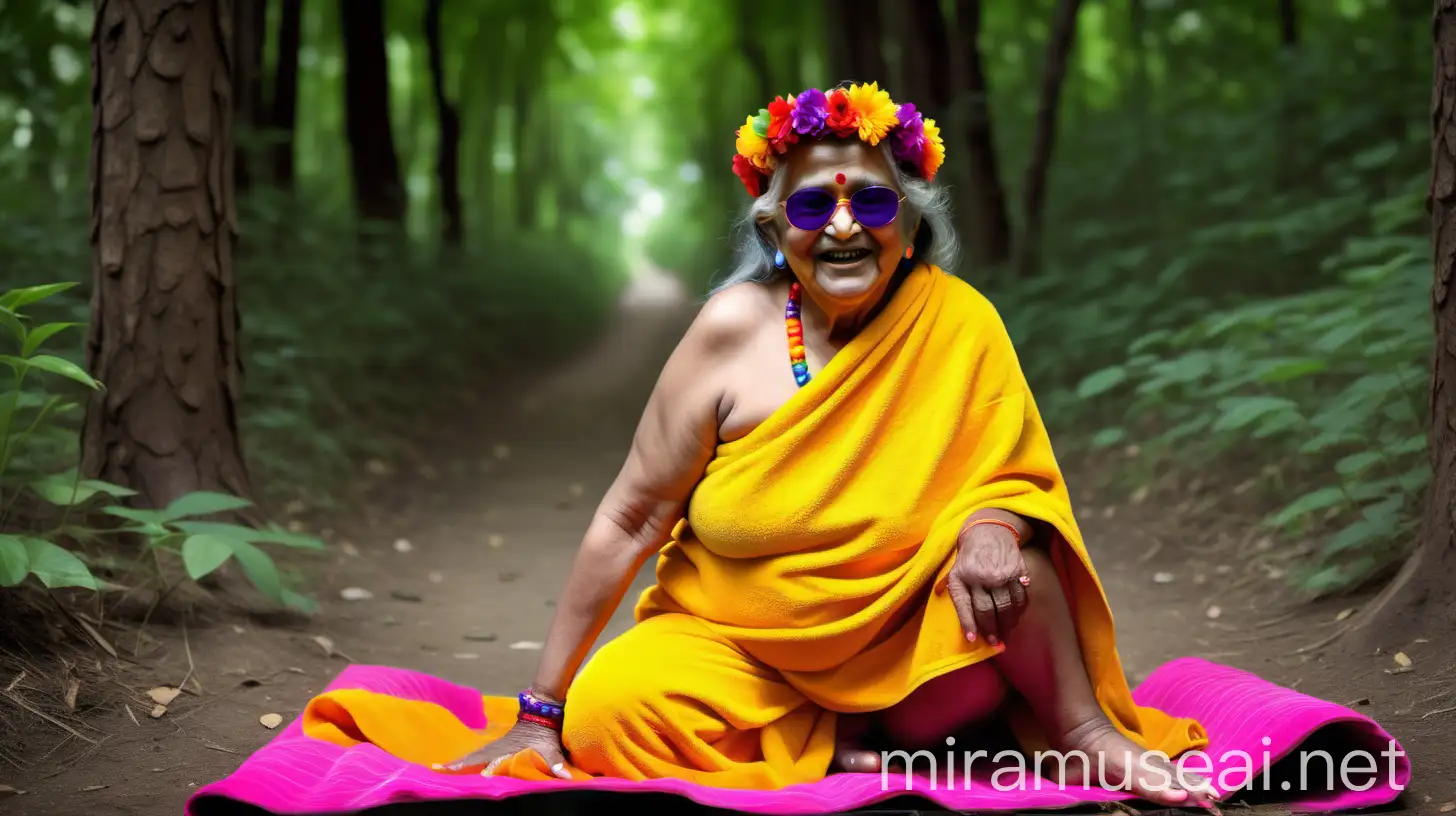 Senior Hindu Woman Monk Doing Squat Exercise in Luxurious Forest