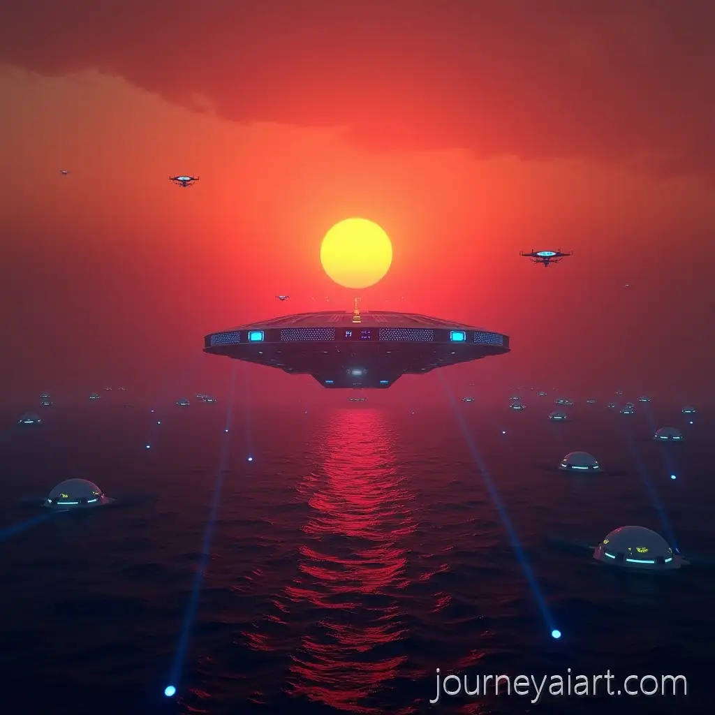 Futuristic-Ocean-Sunset-with-Flying-Platform-and-Underwater-Cities