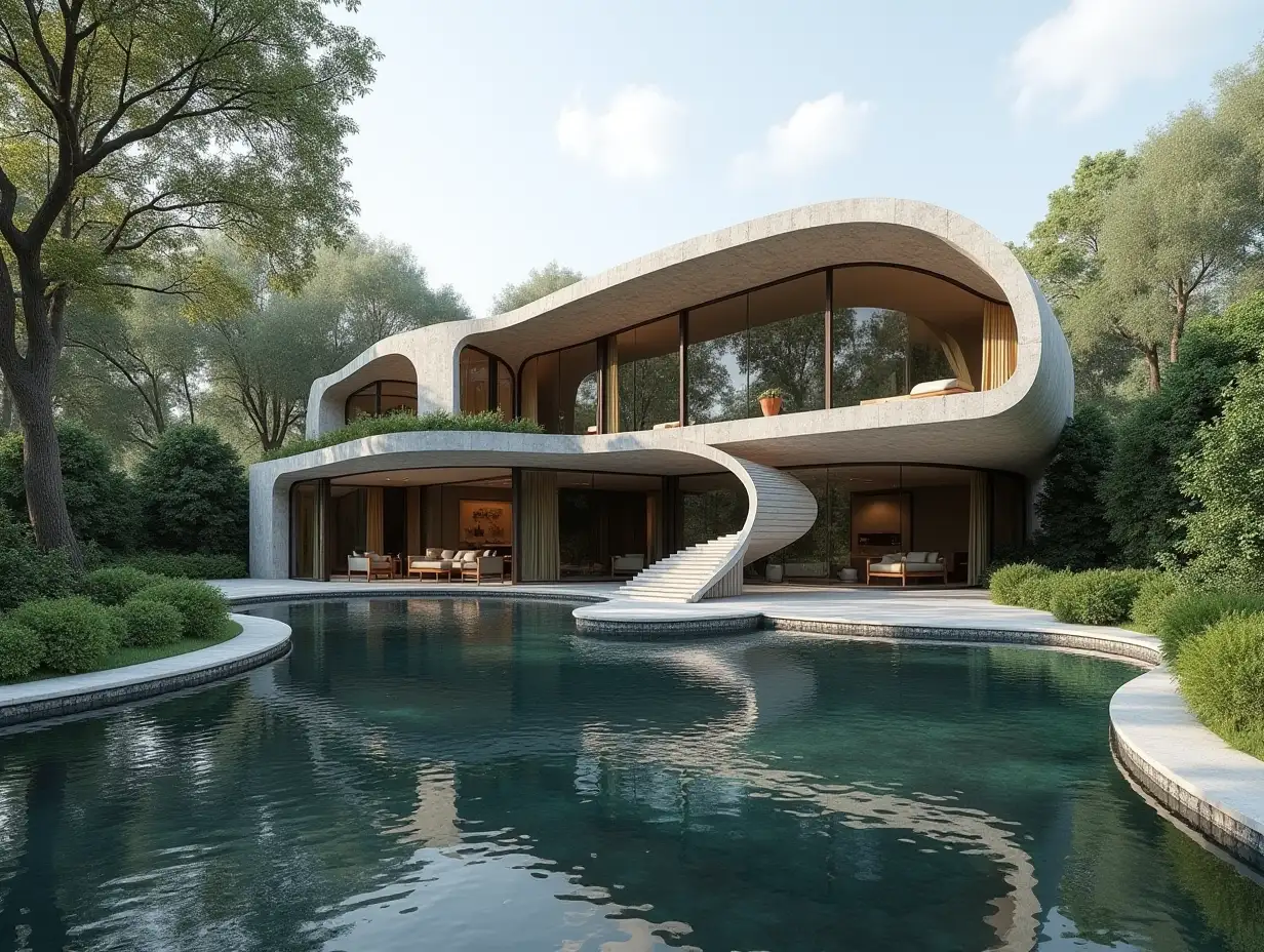 Curved house with pond in grey-with stucco with plants grown in the form of plant ornaments, large windows with glass to, curved, smooth window shapes, winding grand entrance staircase complex curved roof