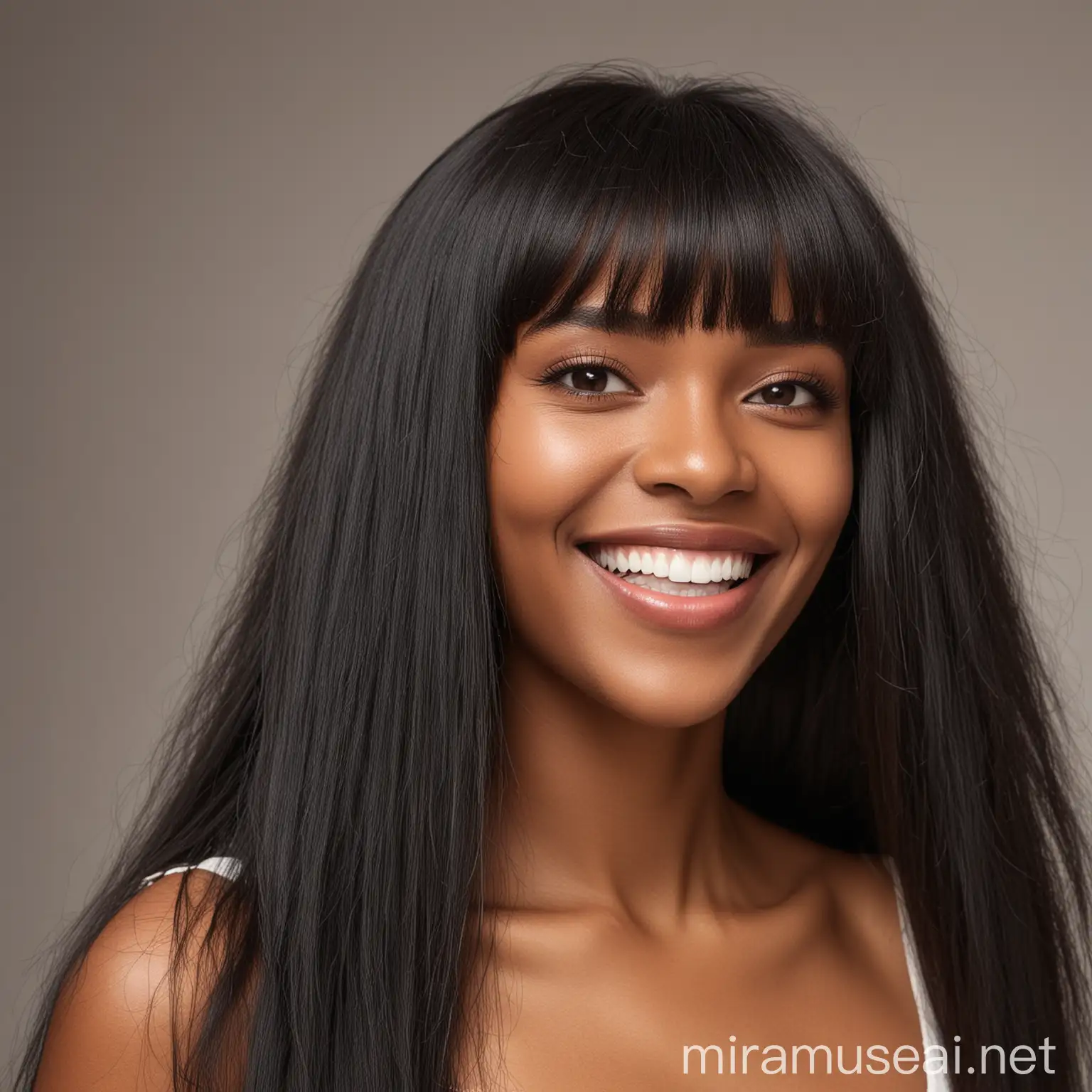 Smiling Black Woman with Long Fringe Hair