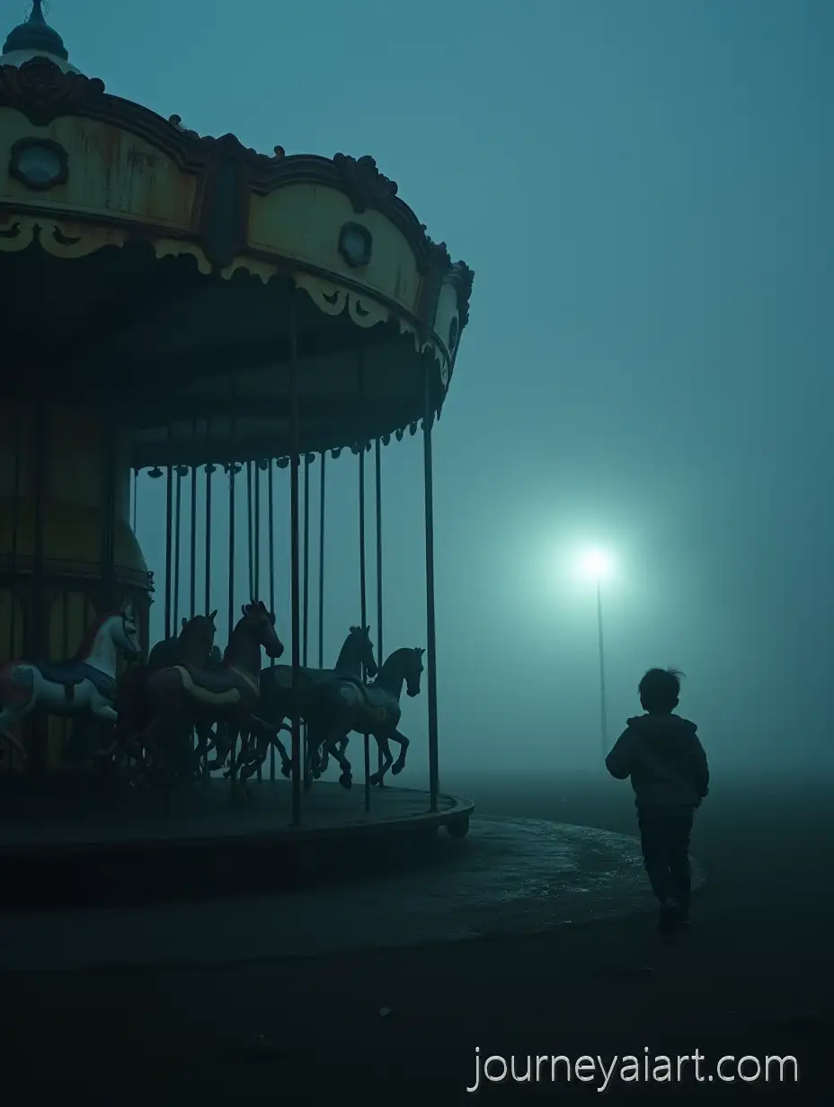 Abandoned-Rusty-Carousel-in-Fog-with-Child-Silhouette-Running-Toward-Light