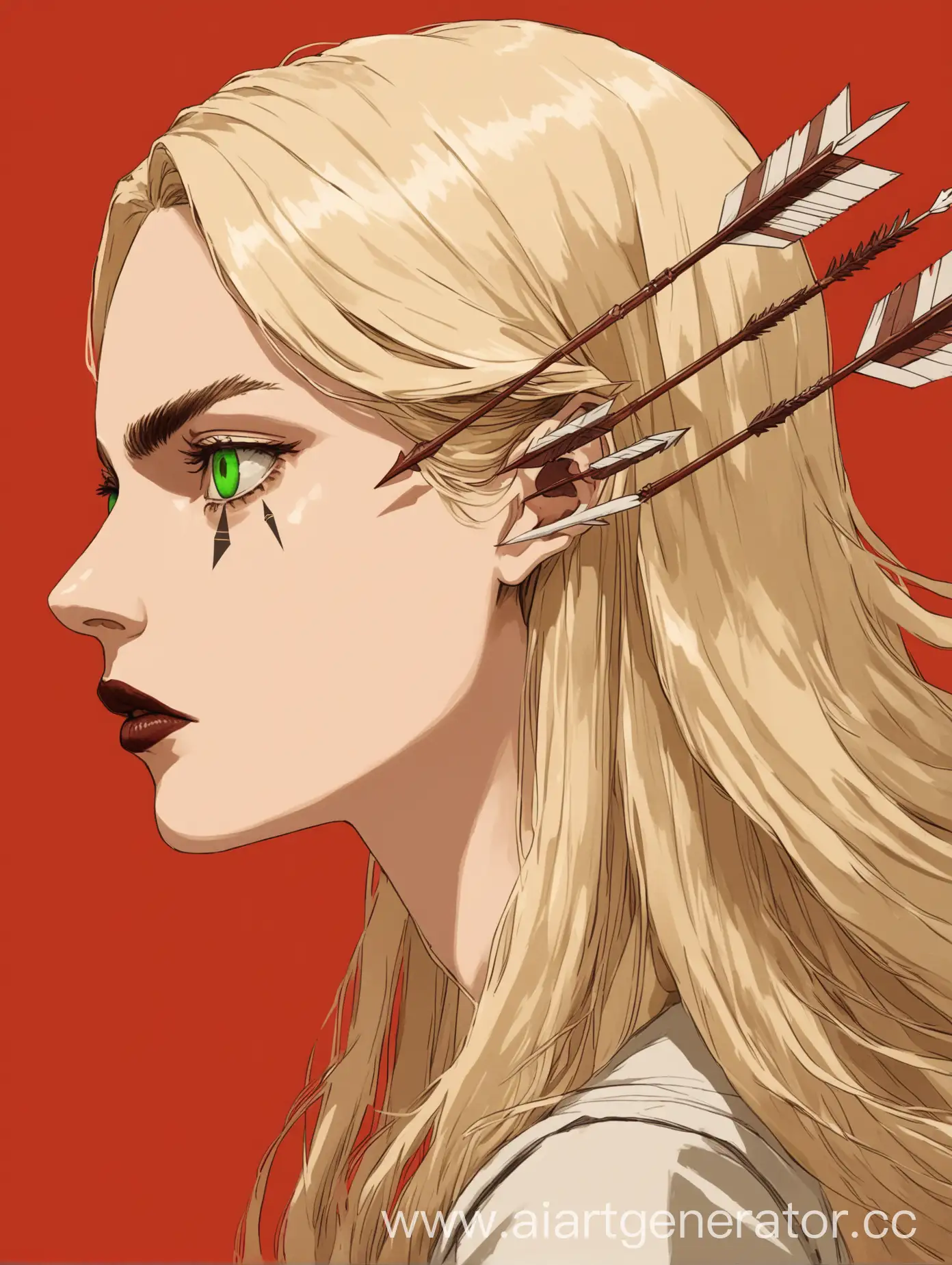 Blonde-Girl-with-Stern-Gaze-and-Arrows-on-Eyes-in-Profile-on-Red-Background