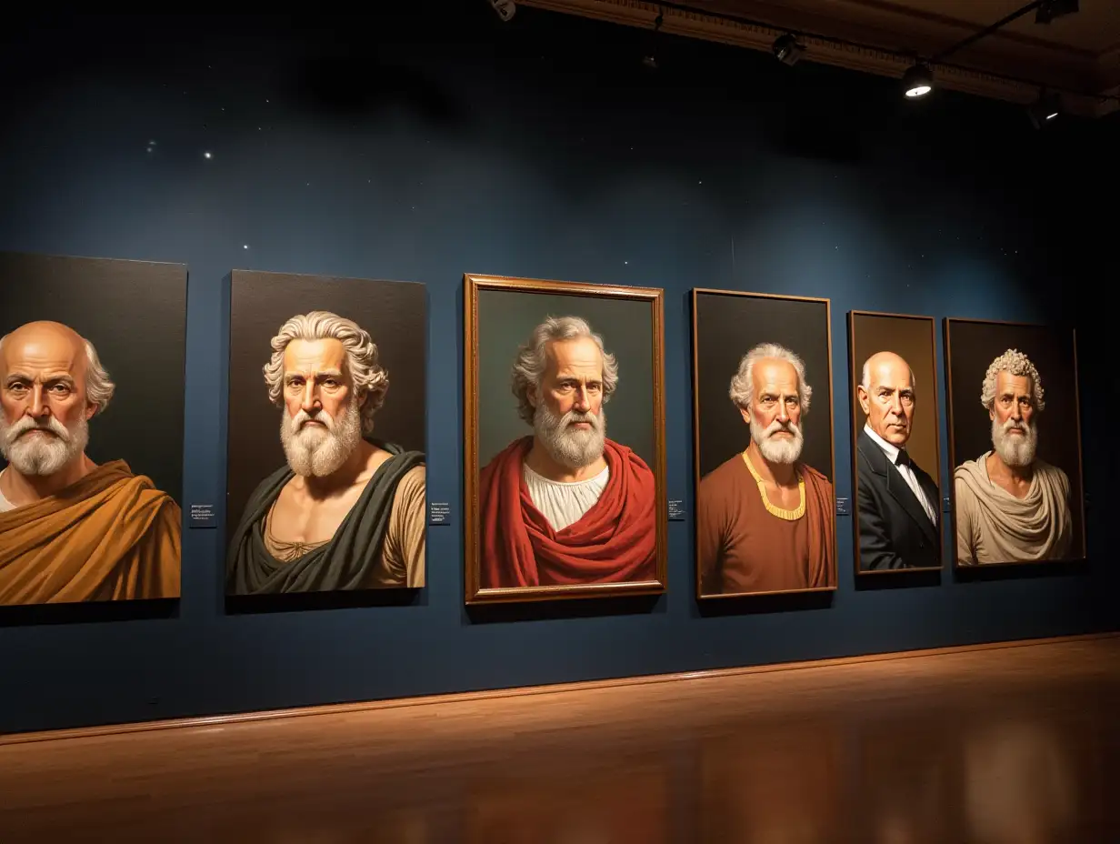 as a backdrop, with subtle elements of the starry sky, display classic portraits of representative figures in Western philosophy history such as Plato, Aristotle etc, adorned with a classical atmosphere