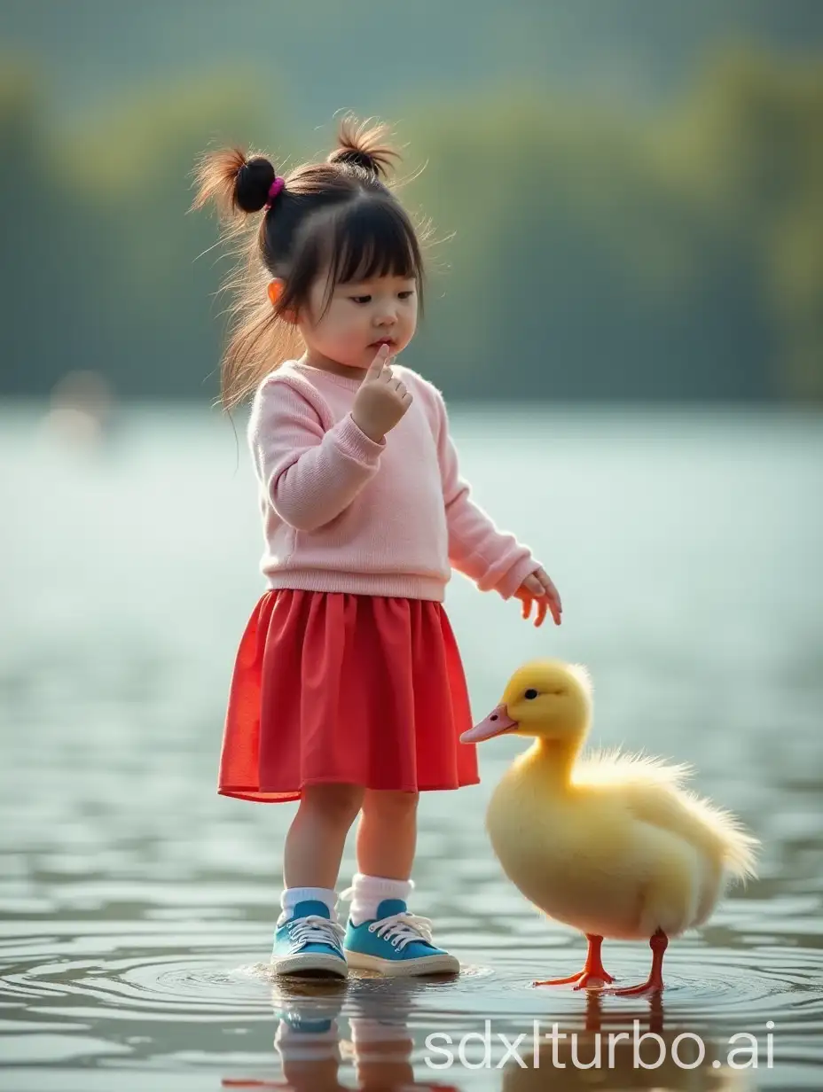 photography of a 4 year old korean girl with messy bun hair and a shy expression with a cute duckling. they pose dancing in a unique way and have cute expressions. She wore a red skirt and pink top with blue sneakers. The lake detailed background is very beautiful, masterpiece photography, ultra HD 32k