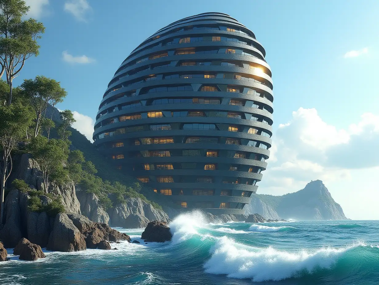 Create a high-resolution, realistic image of a very tall futuristic building with windows twisted like a snail shell with black and gold facades with sea with very large waves, large trees, rocks blue sky