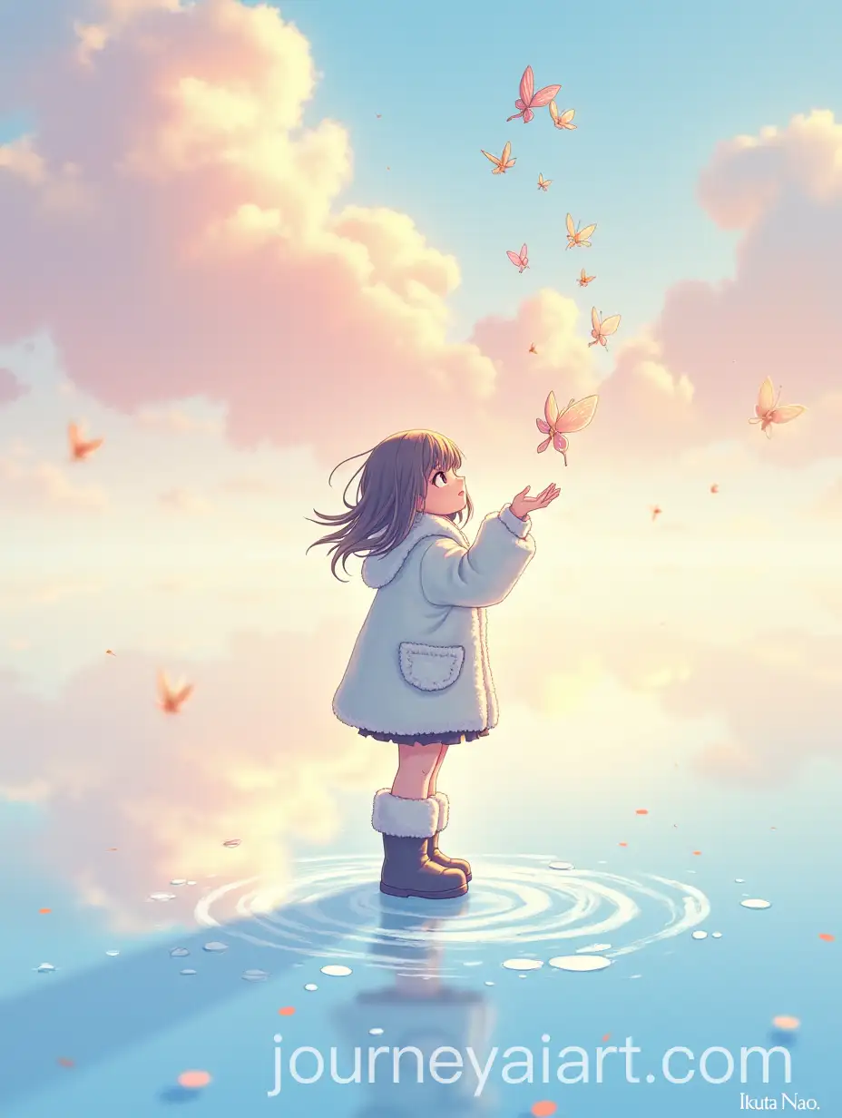 Young-Girl-on-Frozen-Lake-with-Floating-Butterflies-in-Dreamy-Pastel-Landscape