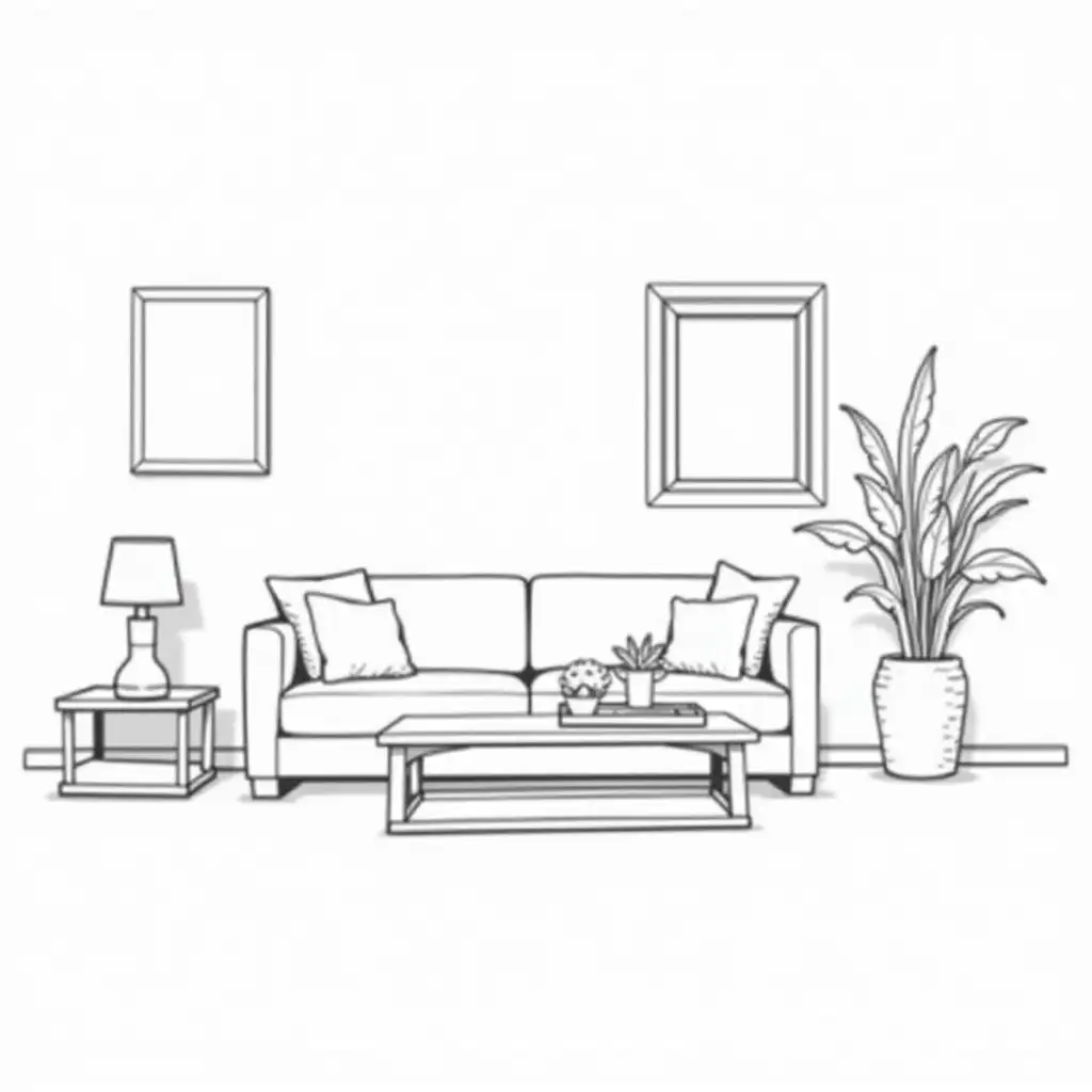 line art of a living room with sofa side table center table indoor plans a window and a tv