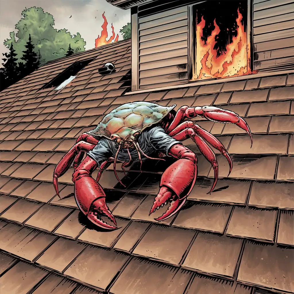 HalfCrab HalfPerson Climbing Down Burning House Roof