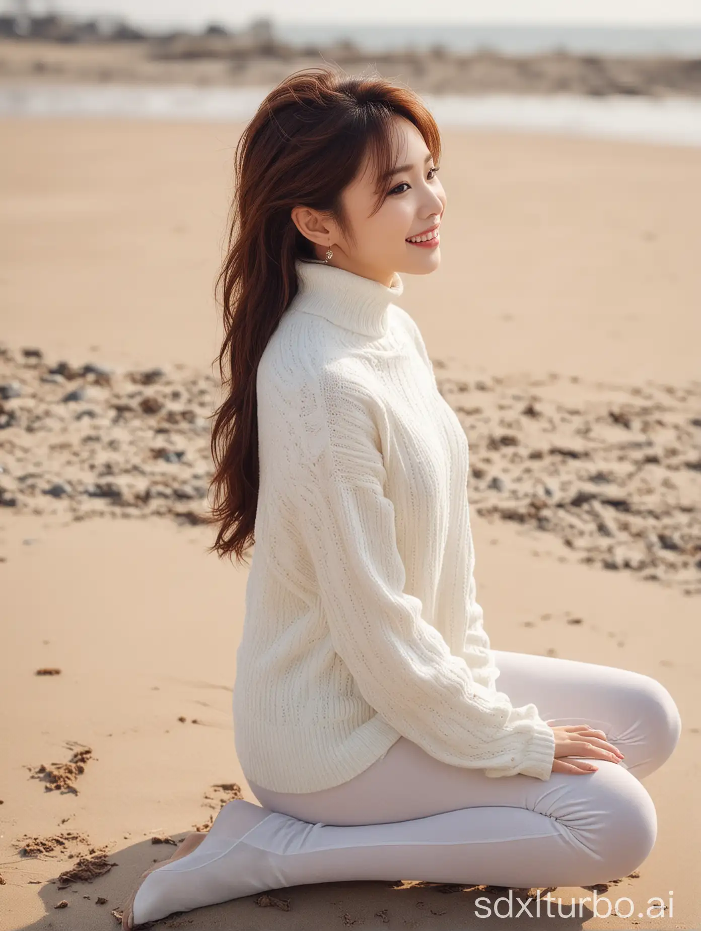 Wang-Fei-Chinese-Singer-in-Winter-Sweater-on-the-Beach