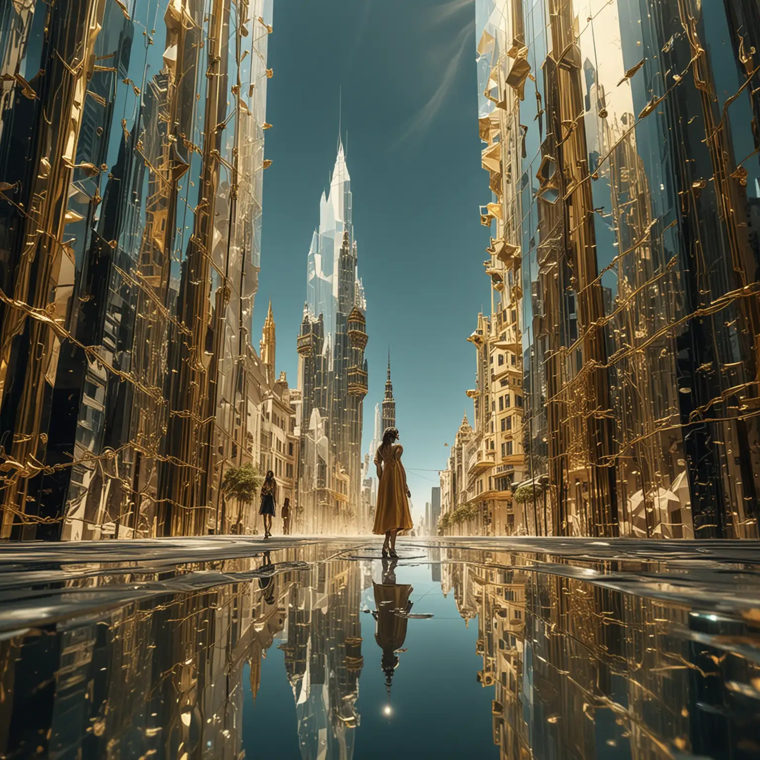 A levitating crystal skyscrapers in the style of Salvador Dalí, hovering above an abyss. Facades made of transparent glass with gold threads and holographic panels. Metallic columns twist into unexpected shapes. The interior is filled with reflections and shimmering light, creating a dreamlike atmosphere.
Девушка на переднем фоне в зеркальных очках. Красивая