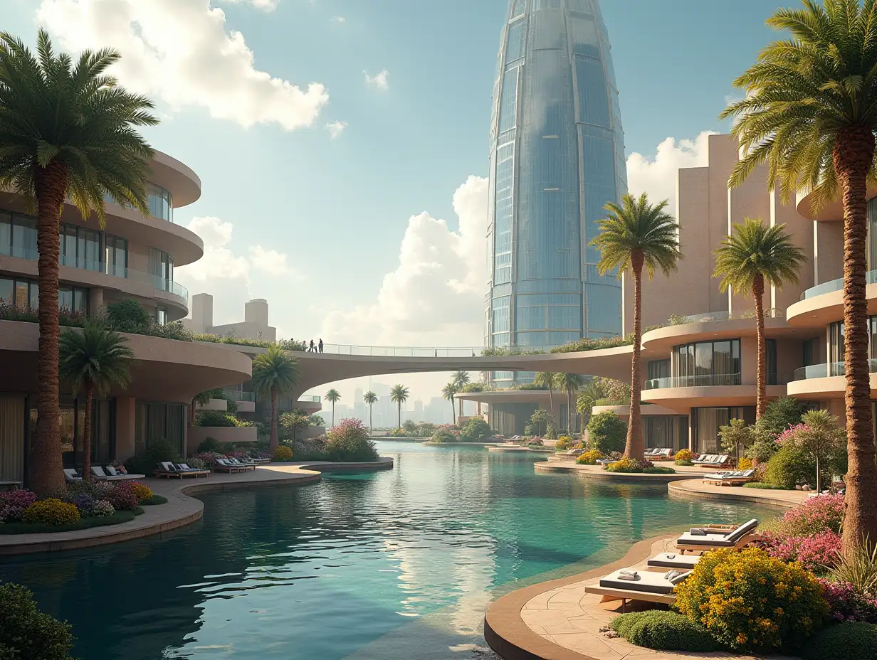 Create a high-resolution, realistic panorama image of a futuristic terrace building with window skyscraper with bridge, one with people, many plants and colorful flowers White and brown facades before the desert oasis with fountain big trees, very cloudy sky