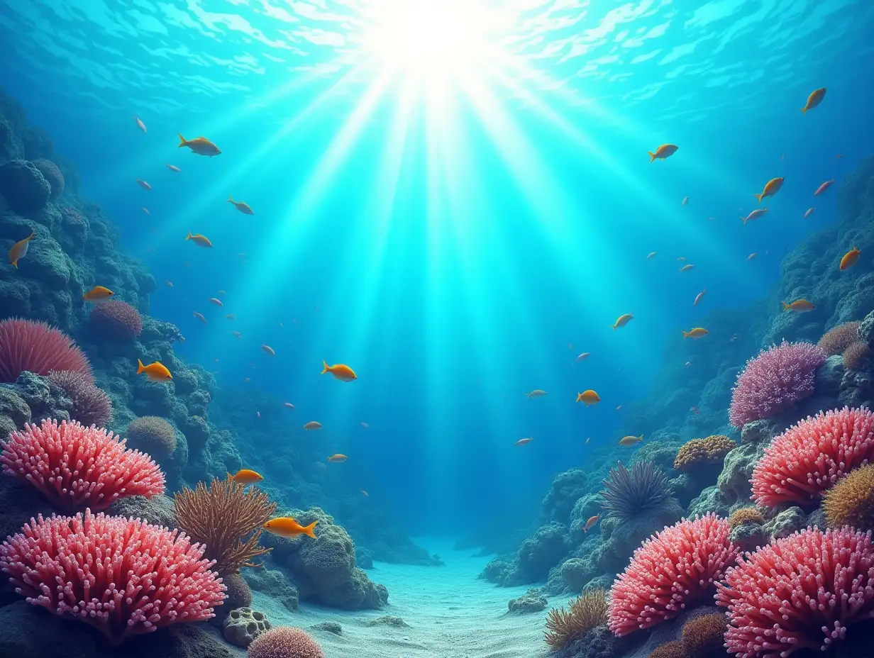 Vibrant-Red-Sea-Coral-Reef-with-Damselfish-and-Sun-Rays