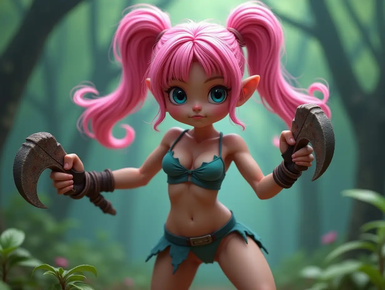 stereoscopic 3D neon pink pigtail hair gnome girl warrior bear claws weapons on both hands no hand skin shown, punching pose, underwear light green, background forest 4k blue eyes determination in her expression on her face flat chest no cleavage