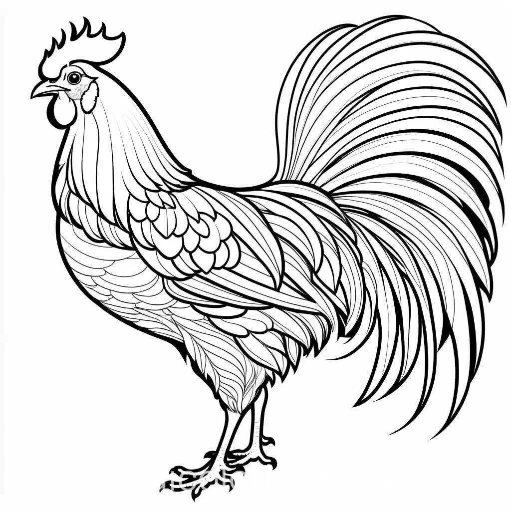 Rooster, Coloring Page, black and white, line art, white background, Simplicity, Ample White Space. The background of the coloring page is plain white to make it easy for young children to color within the lines. The outlines of all the subjects are easy to distinguish, making it simple for kids to color without too much difficulty, Coloring Page, black and white, line art, white background, Simplicity, Ample White Space. The background of the coloring page is plain white to make it easy for young children to color within the lines. The outlines of all the subjects are easy to distinguish, making it simple for kids to color without too much difficulty