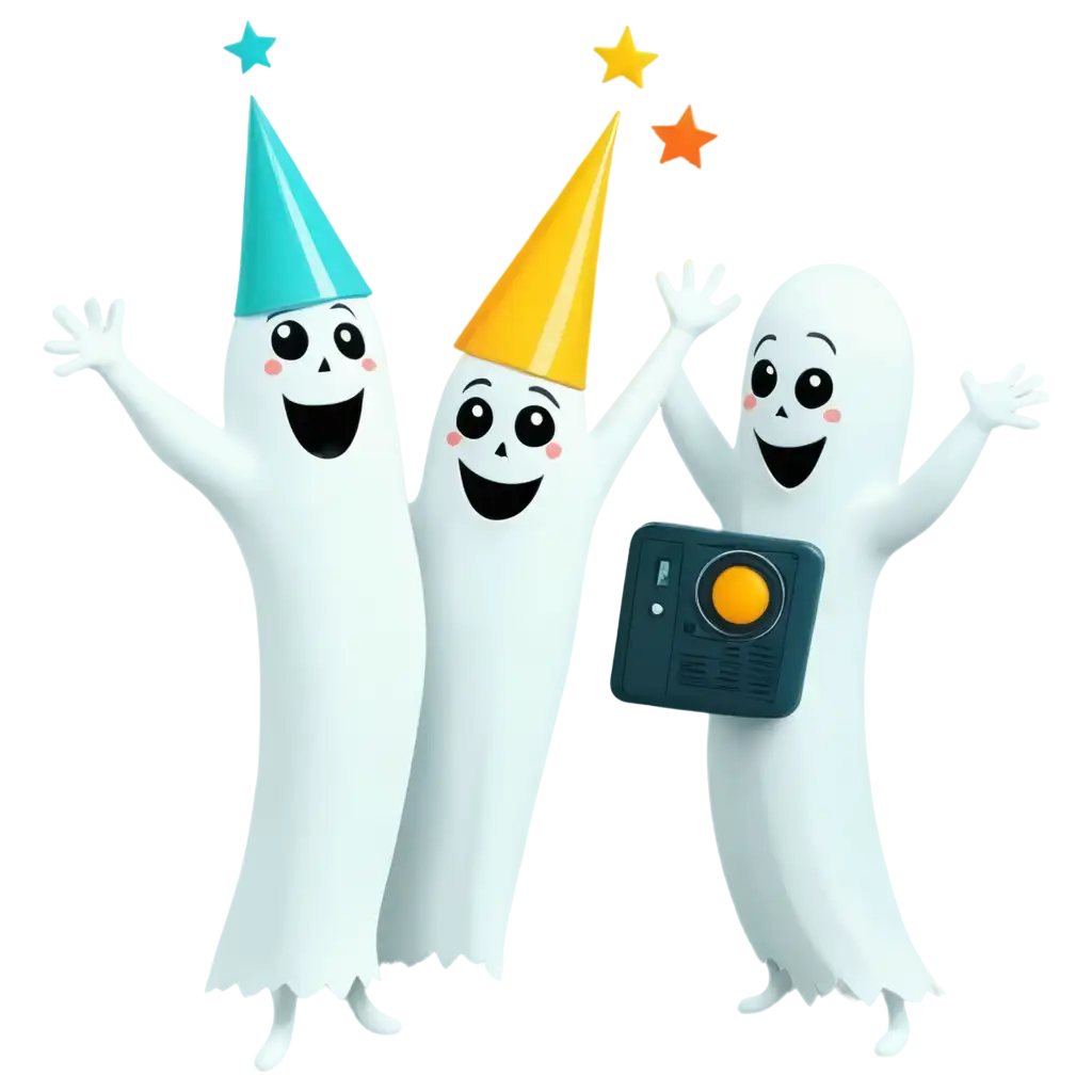 PNG-Cartoon-Animation-Two-Ghosts-Dancing-with-Party-Hats-Next-to-a-Radio