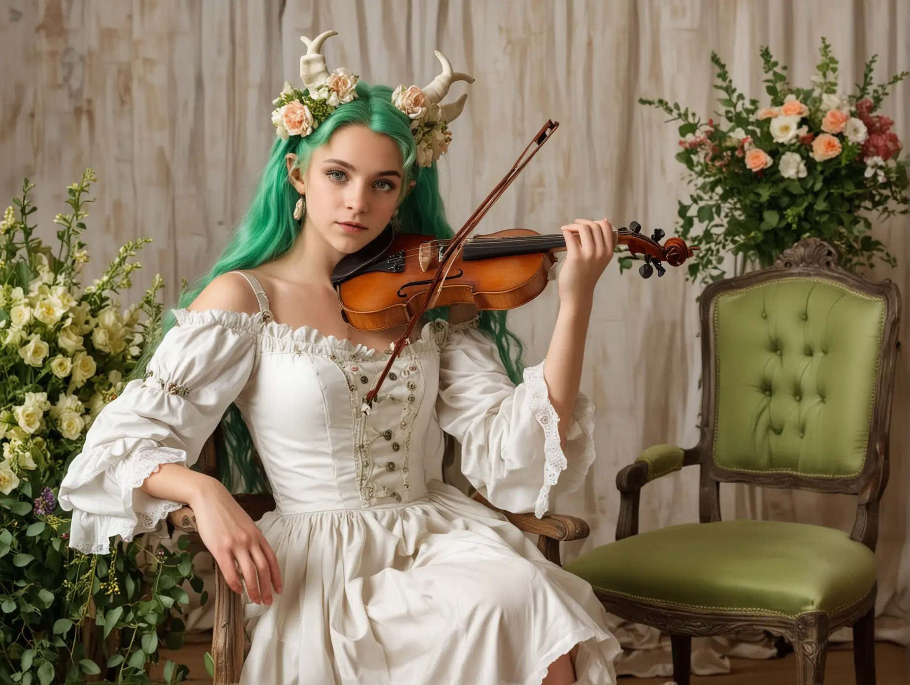 A young beautiful satyr girl with beautiful long green hair, a pair of horns and green eyes. The head is decorated with fresh flowers. Dressed in a bright white dress exposing her shoulders and arms. She is sitting behind a vintage chair and holding a violin in her hands. Circus troupe in the background