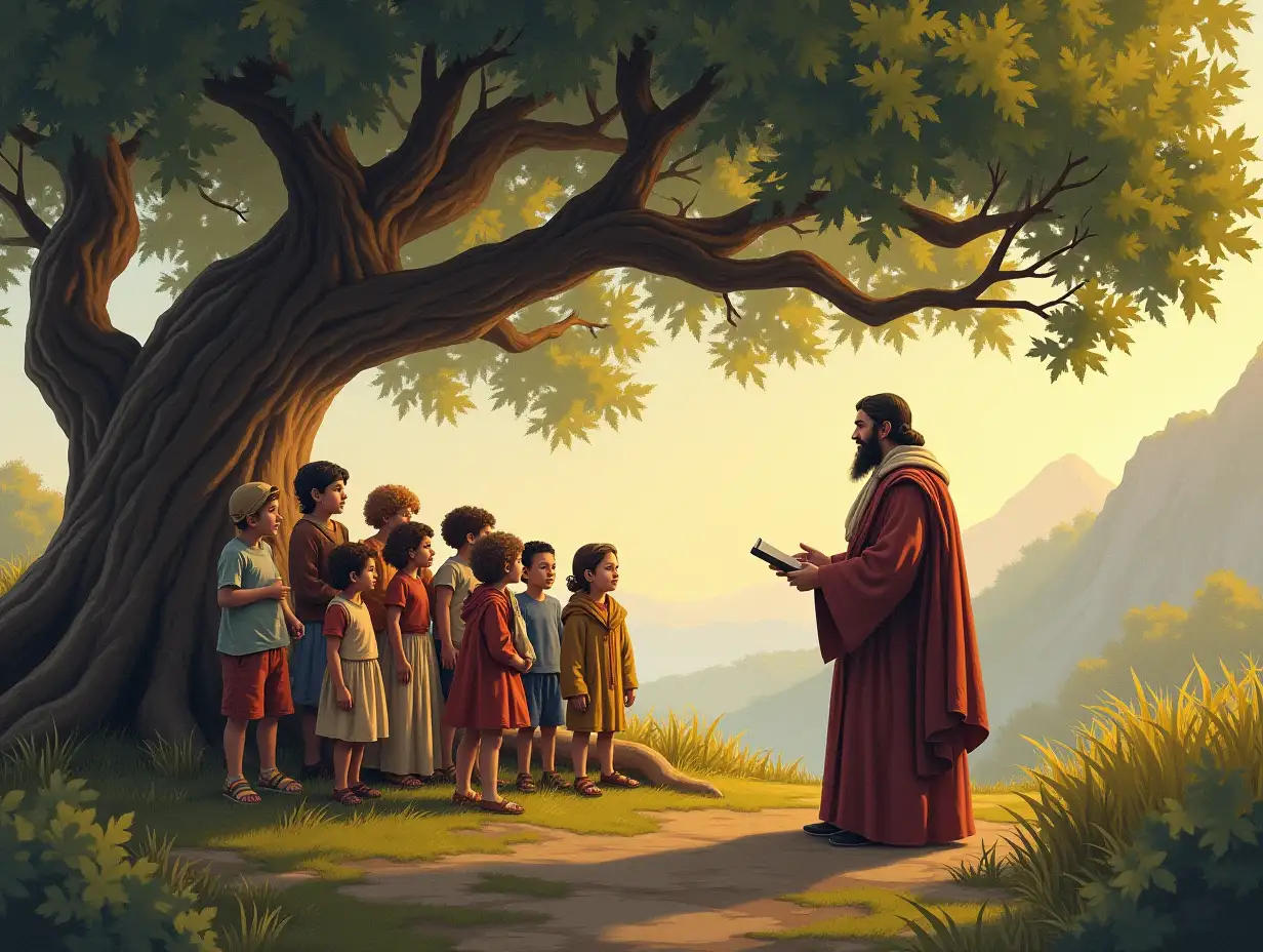 The Moral**   - A thoughtful scene with the minister narrating the story to a group of children, under a large tree, children listening eagerly, echoing the importance of wisdom.