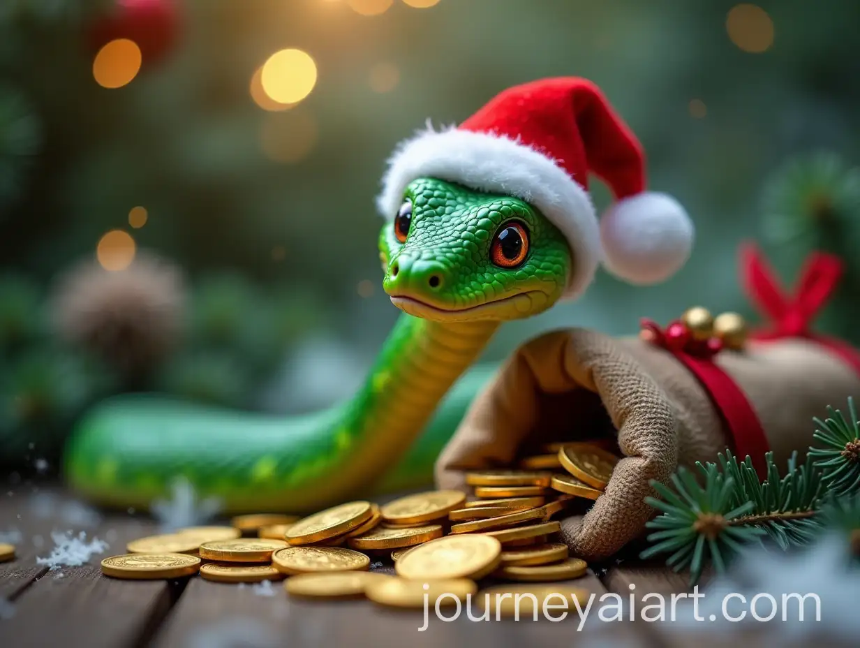 Cheerful-Green-Snake-with-Santa-Hat-Surrounded-by-Christmas-Decorations-and-Sparkles