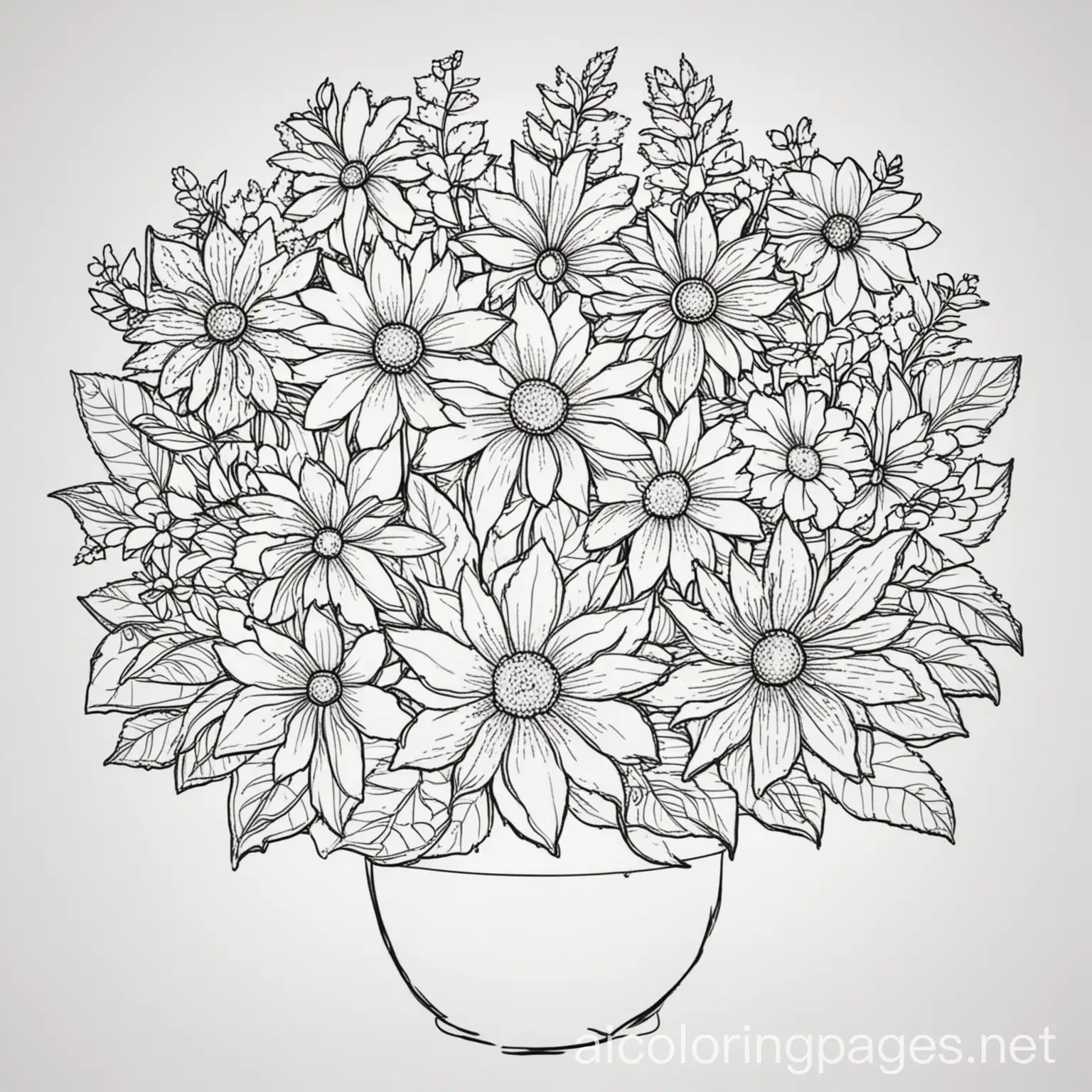 a big bouquet, Coloring Page, black and white, line art, white background, Simplicity, Ample White Space. The background of the coloring page is plain white to make it easy for young children to color within the lines. The outlines of all the subjects are easy to distinguish, making it simple for kids to color without too much difficulty