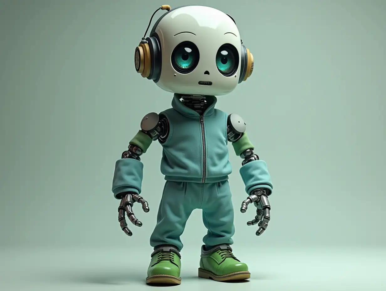  Create a high-resolution, realistic image of a robot with a skeleton body blue eyes, green leather shoes and head an old tracksuit, in 4K resolution