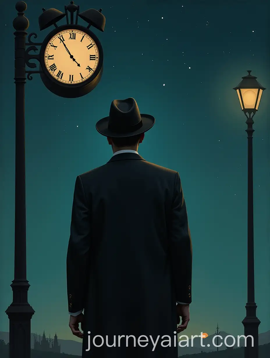 Man-with-Bowler-Hat-Under-Night-Sky-with-Clock-and-Street-Lamp