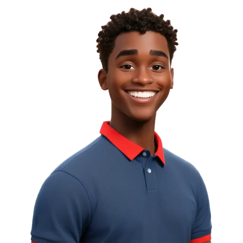 PNG-Image-DisneyStyle-Drawing-of-a-Smiling-Black-Man-in-a-Dark-Blue-Polo-Shirt-with-Red-Collar