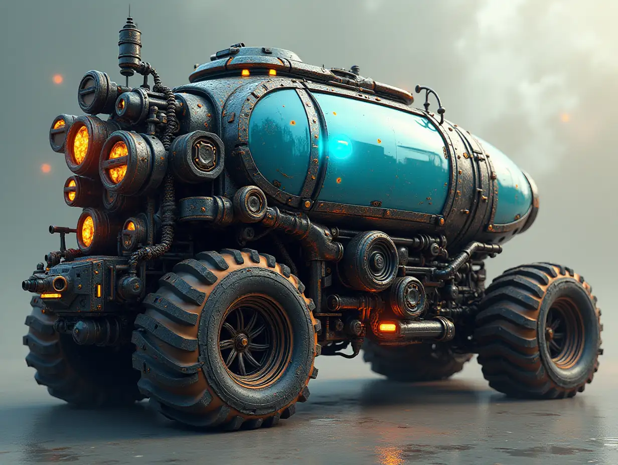 Create a crazy vehicle with many gears large windows ufo shiny Cyberpunk.