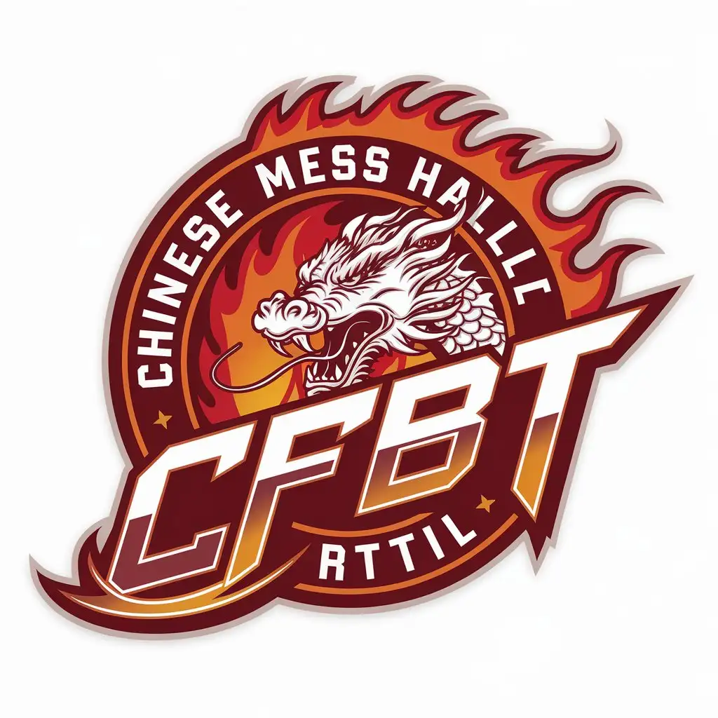 a vector logo design,with the text "Chinese mess hall CFBT", main symbol:Design a circular logo for a CFBT (Compartment Fire Behaviour Training) club. The background should be a dynamic mix of fiery tones, representing flames. At the center, feature a detailed dragon head with fierce, sharp eyes and intricate scales, symbolizing power, wisdom, and protection. Surrounding the dragon, incorporate stylized flames, elegantly weaving through the design, representing the danger and control associated with fire. The acronym 'CFBT' should be prominently displayed in bold, modern typography, integrated into the design, possibly curving along the inner edge of the circular border. The overall look should evoke strength, unity, and mastery over fire, with a balance between the dragon's power and the controlled flames. The color palette should include vibrant oranges, deep reds, and hints of dark gray or black for contrast and depth.,Moderate,be used in Nonprofit industry,clear background