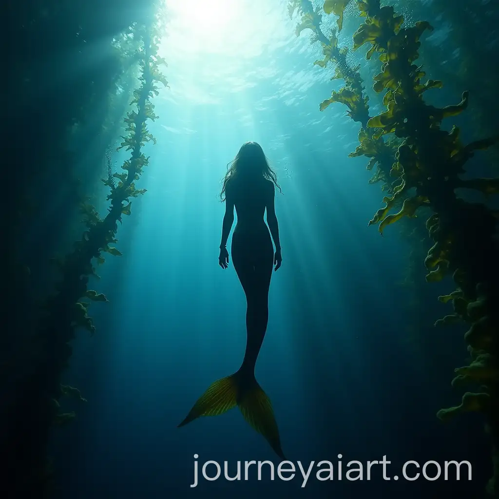 Mermaid-Swimming-Through-Sunlit-Kelp-Forest-Underwater