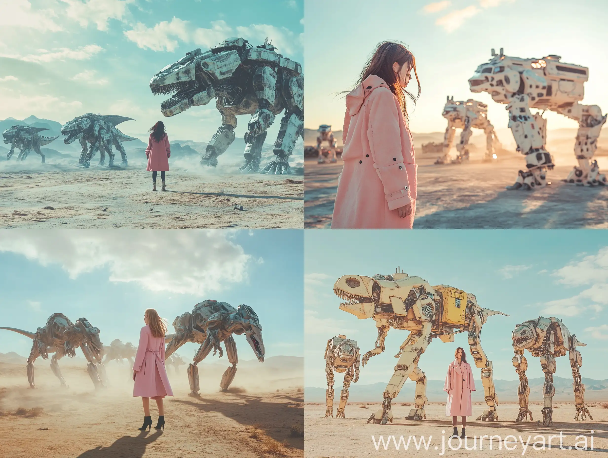 Girl-in-Pink-Coat-with-Dinosaur-Robot-Companions-in-Desert