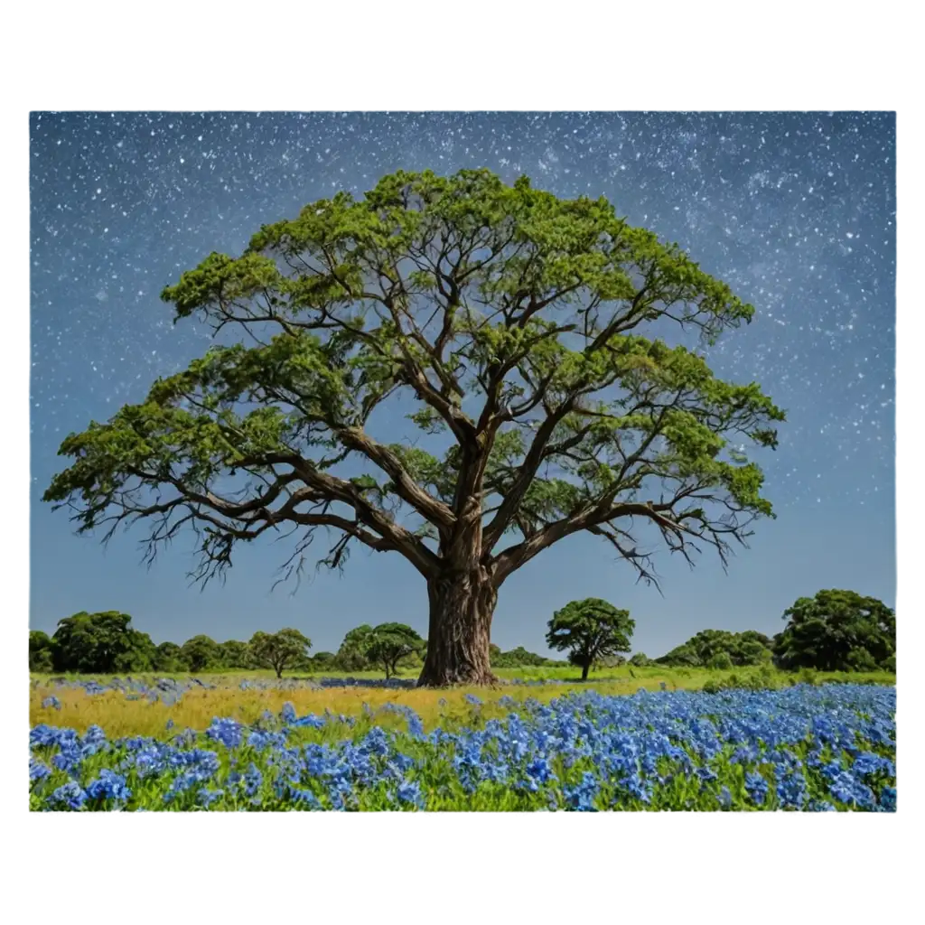 Stunning-PNG-of-a-Vast-Savanna-with-a-Starry-Sky-and-Central-Tree-Surrounded-by-Vibrant-Flowers