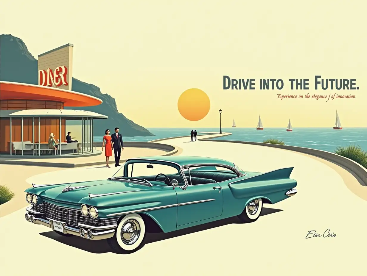 A highly stylized vintage automobile advertisement from the early 1960s in a midcentury modern aesthetic. A sleek, teal-blue sedan is the centerpiece, angled dynamically to suggest motion, with chrome accents gleaming under soft sunlight. The car is parked in front of a retro-futuristic diner with a Googie-style roof and large, glass windows reflecting a pastel sunset. The background features an open road winding along a scenic coastal cliff, with gentle waves and sailboats in the distance. The color palette is harmonious and sophisticated, blending muted teals, pastel oranges, and creamy whites for a modern yet nostalgic feel. A stylish couple dressed in sharp, 1960s fashion stands nearby, exuding luxury and aspiration. The tagline, written in bold Futura font, reads: ‘Drive into the Future.’ Additional small text in a playful script font says: ‘Experience the elegance of innovation.’ The overall composition is minimalist, with ample negative space and clean, geometric design elements reflecting the midcentury aesthetic.