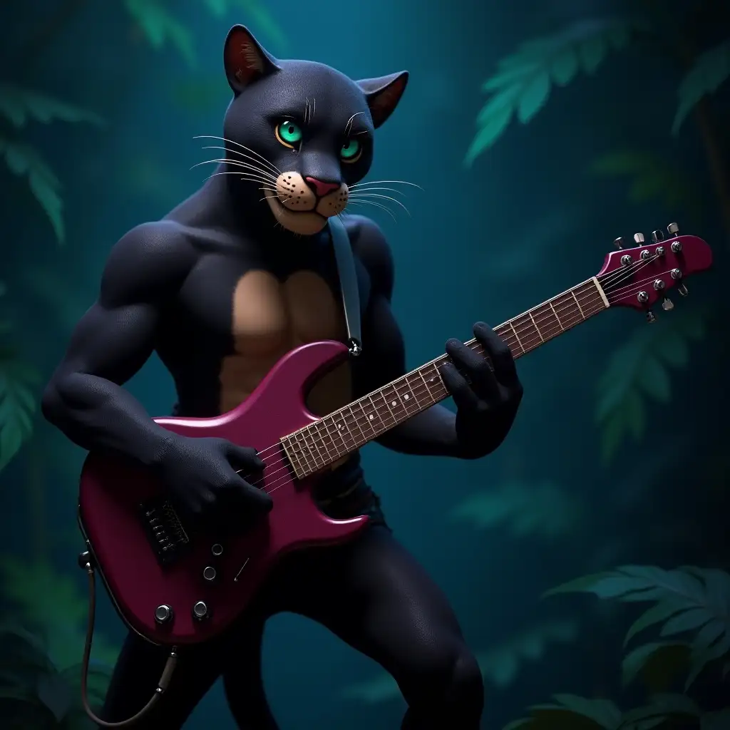 anthropomorphic good black somewhat muscular spotted panther in rock clothing, with turquoise-green eye color playing on a burgundy electric guitar on stage, in the jungle, at night, show the paws of the panther, guitar with six strings, six frets, even fretboard, in the style of 3D Disney