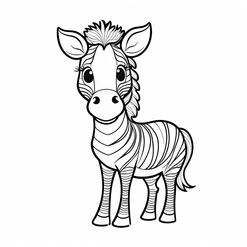 Friendly cartoon character, zebra coloring page, black and white, simplicity, ample white space. , Coloring Page, black and white, line art, white background, Simplicity, Ample White Space. The background of the coloring page is plain white to make it easy for young children to color within the lines. The outlines of all the subjects are easy to distinguish, making it simple for kids to color without too much difficulty