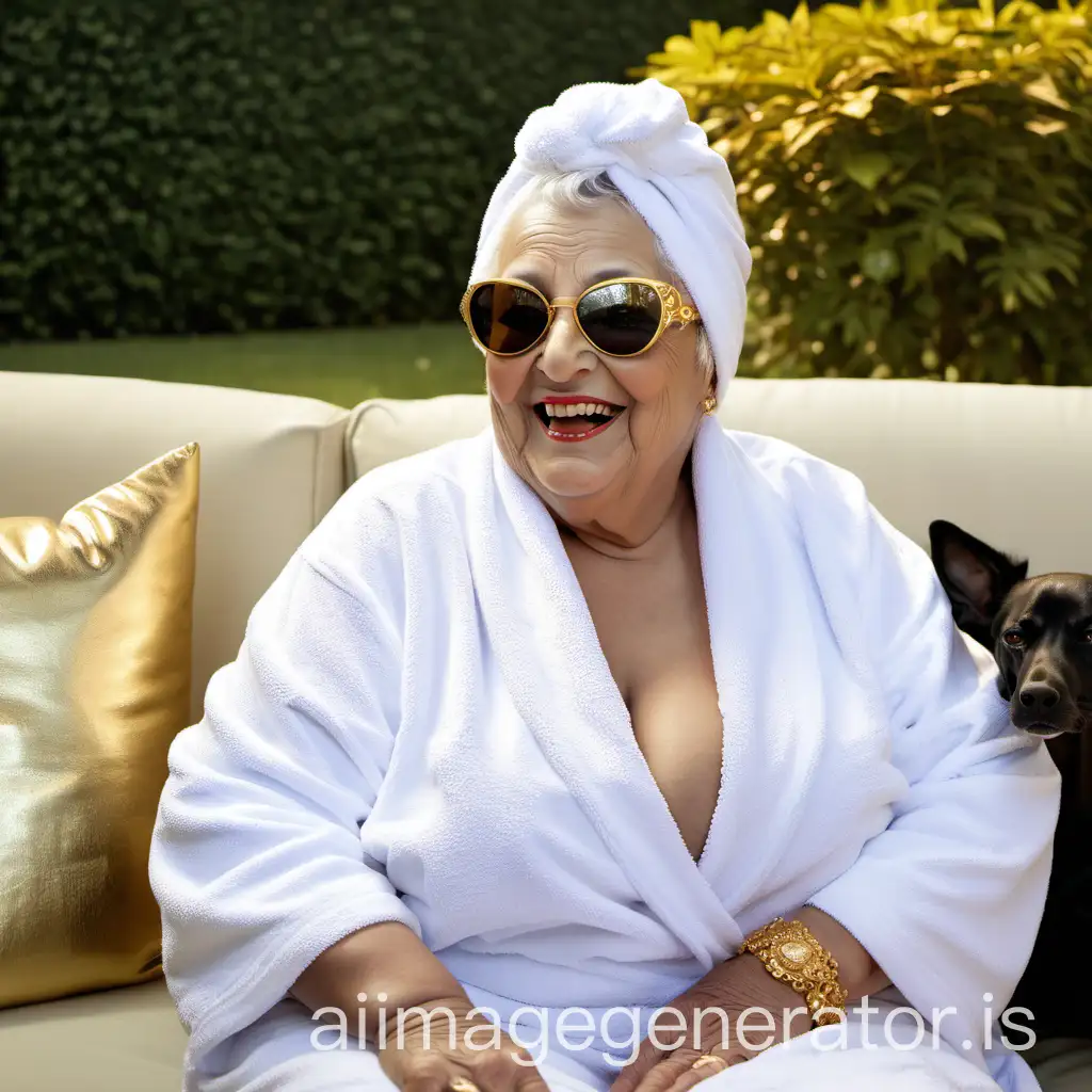 Elderly-Muslim-Woman-in-Luxurious-Garden-Setting-with-Dog-Companion