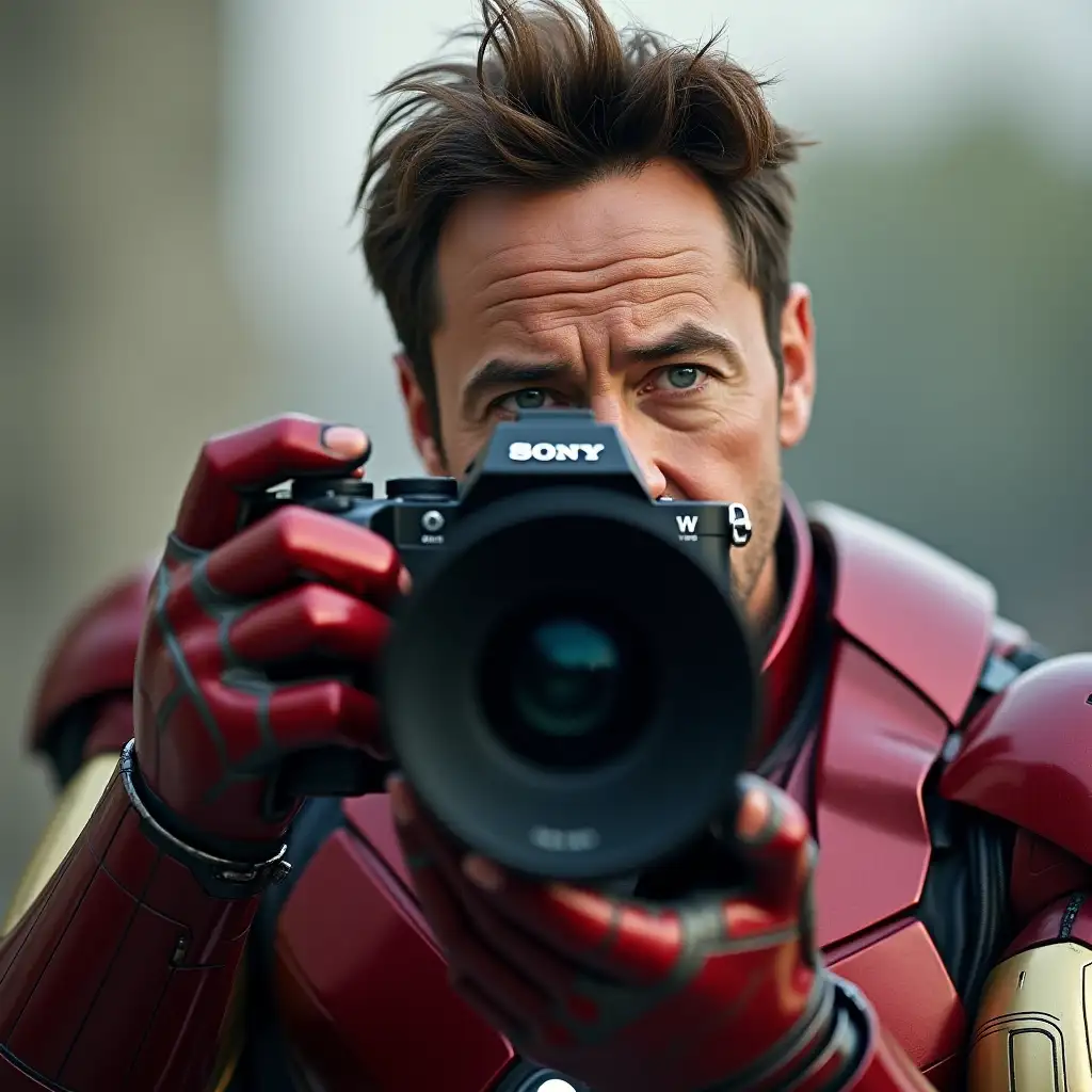 Iron-Man-Tony-Stark-Holding-a-Sony-Camera-with-Thoughtful-Expression