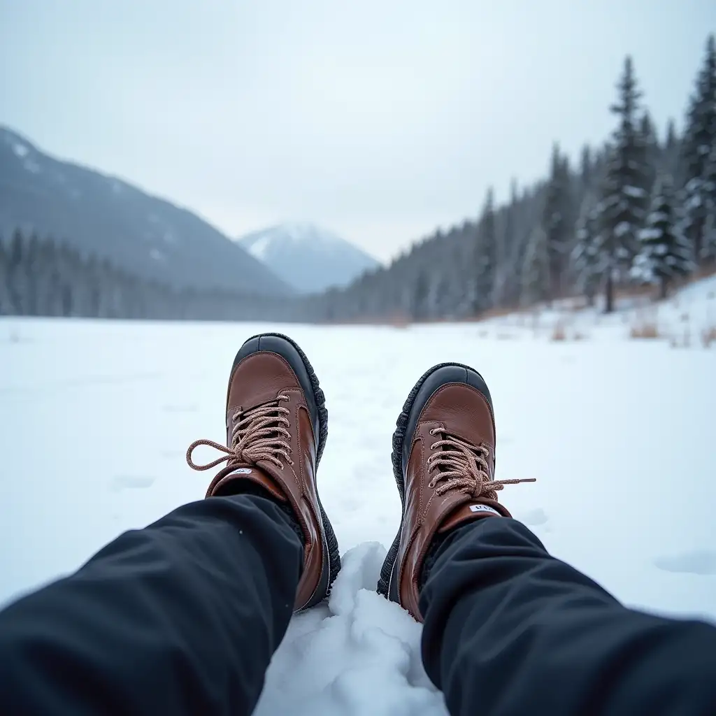 First-person framing of feet resting on snow in front of a snowy landscape, a drink in hand