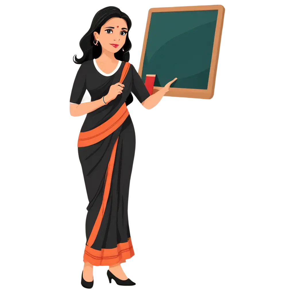 PNG-Image-Indian-MiddleAged-Female-School-Teacher-in-Saree-Teaching-on-Blackboard