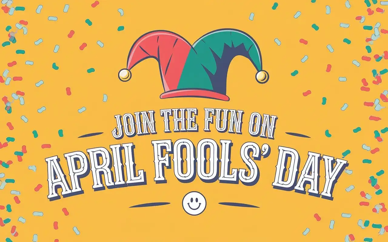 A vibrant poster featuring a colorful jester hat and playful confetti scattered across a bright yellow background. The text Join the Fun on April Fools' Day is written in bold, whimsical font at the center, with a small icon of a smiling face below.