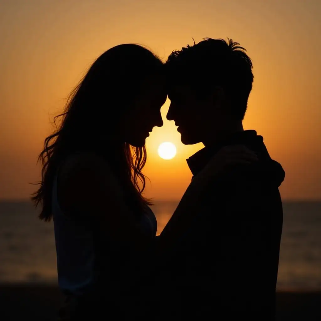 Silhouette of a young male and female couple embracing closely