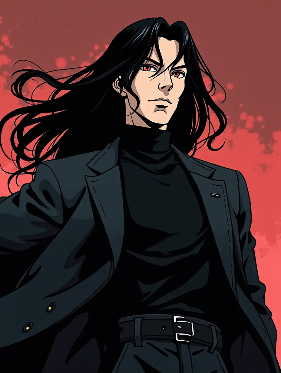 Vintage 90's anime style, Severus Snape, black clothes, stygian background, dynamic angle, 2d, flat colors, by Hajime Sorayama, Greg Tocchini,