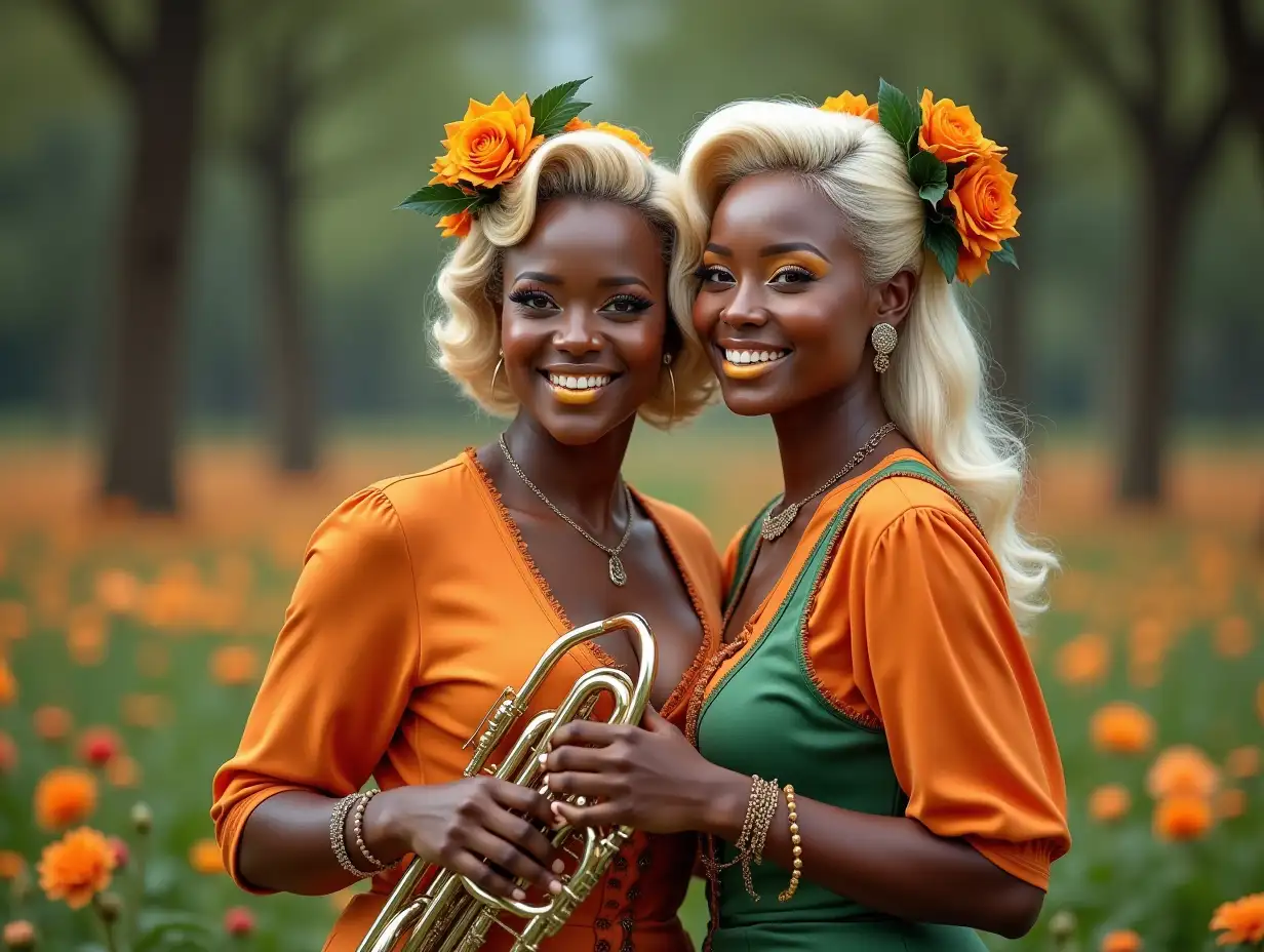 Two white, curvy pin-up girls wear an orange and green, deep cut blouse, with a light smile on their face, yellow lipstick emphasizes their smiles, modern jewelry, black skin, blonde hair play on a Bb-euphonium in hand, in a park with many flowers in Steampunk Brazil