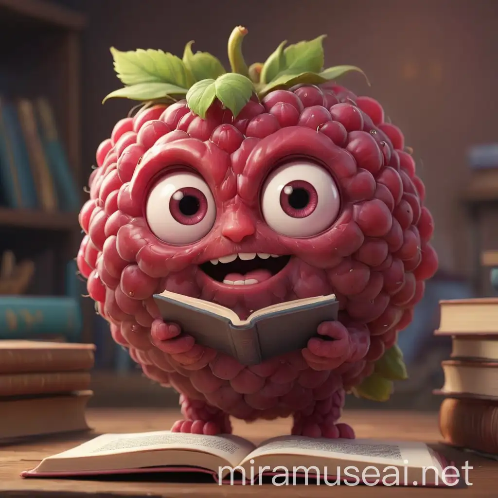 Adorable Raspberry Character Reading a Book in 2D Pixar Style