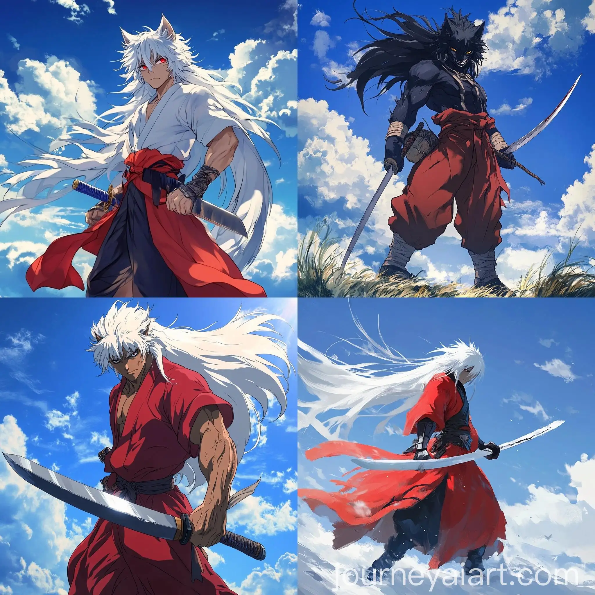 Inuyasha-in-Demon-Form-Standing-with-Blade-Against-Blue-Sky