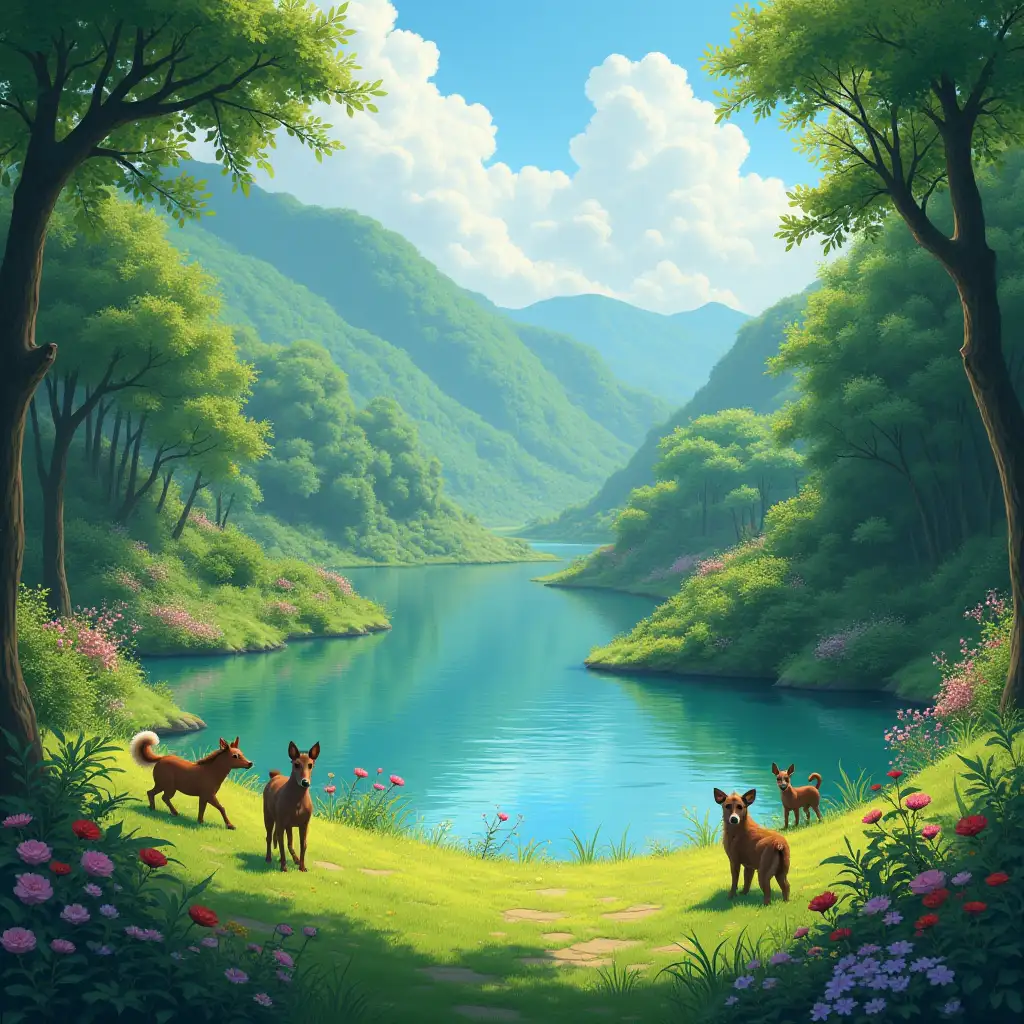 Nature is filled with lush greenery, and all living beings in the vast universe are frolicking around happily. The slow and cool wind moves towards the water reservoir, teaching love to everyone in the world. Animals playfully hide and seek, spreading love.